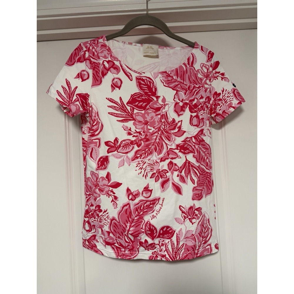 Lilly Pulitzer X Saint James, Short Sleeve Stretch Top, Rose Soleil, Size Med